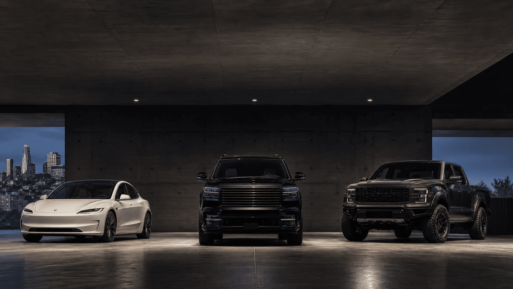 Three premium vehicles arranged in a private garage